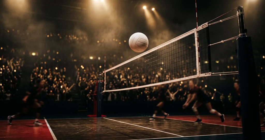 Arena ışıkları altında file üzerinde havada duran voleybol topu